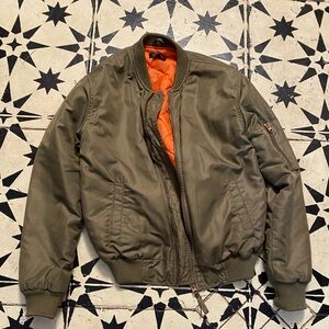 Topshop Khaki Bomber Jacket with Orange Lining